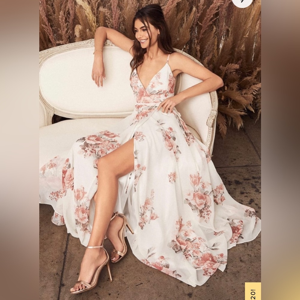 Lulus “Elegantly Inclined Cream Floral PrintWrap Maxi Dress”